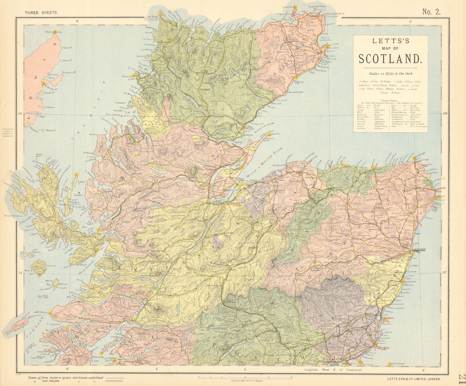 SCOTLAND NORTH. Railways lighthouses lifeboat stations. LETTS 1892 old map
